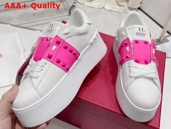 Valentino Flatform Rockstud Untitled Sneaker in White Calfskin with Pink Stripe Replica