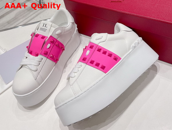 Valentino Flatform Rockstud Untitled Sneaker in White Calfskin with Pink Stripe Replica