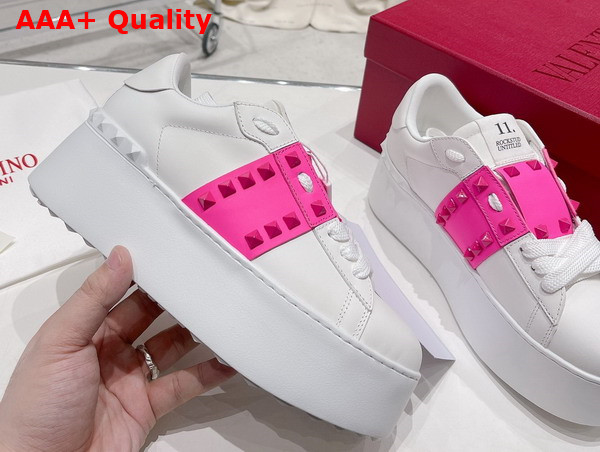 Valentino Flatform Rockstud Untitled Sneaker in White Calfskin with Pink Stripe Replica