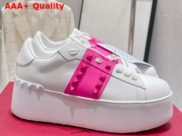 Valentino Flatform Rockstud Untitled Sneaker in White Calfskin with Pink Stripe Replica