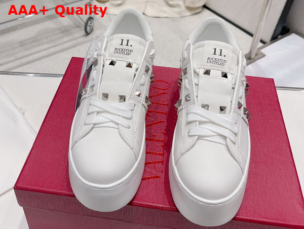 Valentino Flatform Rockstud Untitled Sneaker in White Calfskin with Silver Studs Replica