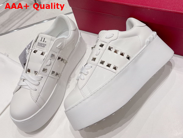 Valentino Flatform Rockstud Untitled Sneaker in White Calfskin with Silver Studs Replica