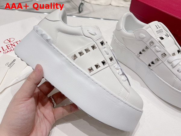 Valentino Flatform Rockstud Untitled Sneaker in White Calfskin with Silver Studs Replica