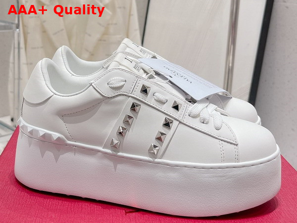 Valentino Flatform Rockstud Untitled Sneaker in White Calfskin with Silver Studs Replica