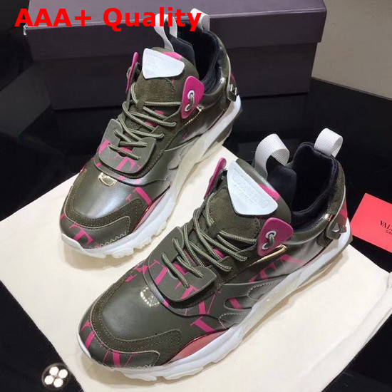 Valentino Garavani Bounce Low Top Sneaker in Khaki Calfskin with VLTN Logo Replica