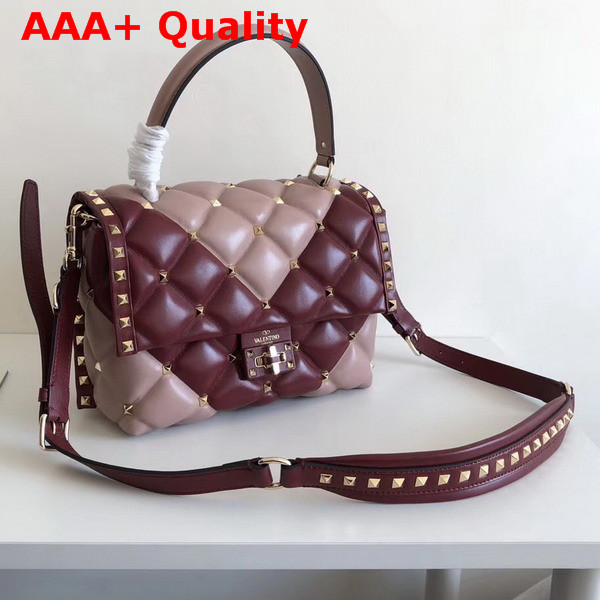 Valentino Garavani Candystud Top Handle Bag in Burgundy and Pink Soft Lambskin Leather Replica