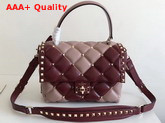 Valentino Garavani Candystud Top Handle Bag in Burgundy and Pink Soft Lambskin Leather Replica