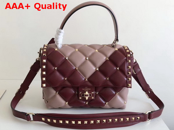 Valentino Garavani Candystud Top Handle Bag in Burgundy and Pink Soft Lambskin Leather Replica