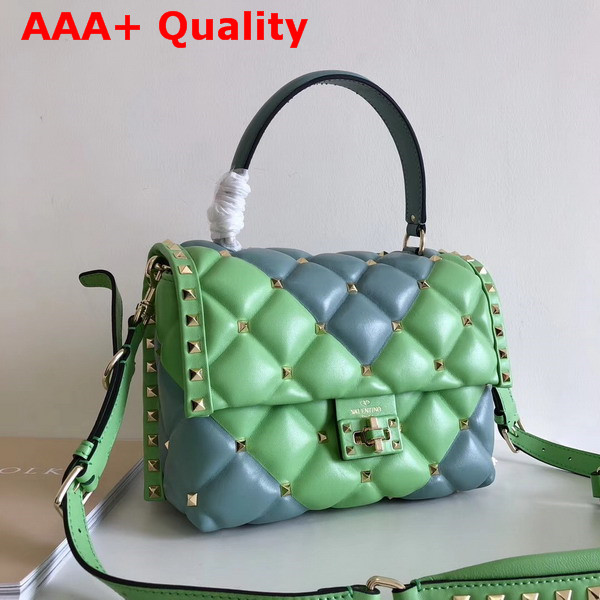 Valentino Garavani Candystud Top Handle Bag in Green and Light Blue Soft Lambskin Leather Replica