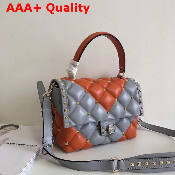 Valentino Garavani Candystud Top Handle Bag in Grey and Orange Soft Lambskin Leather Replica