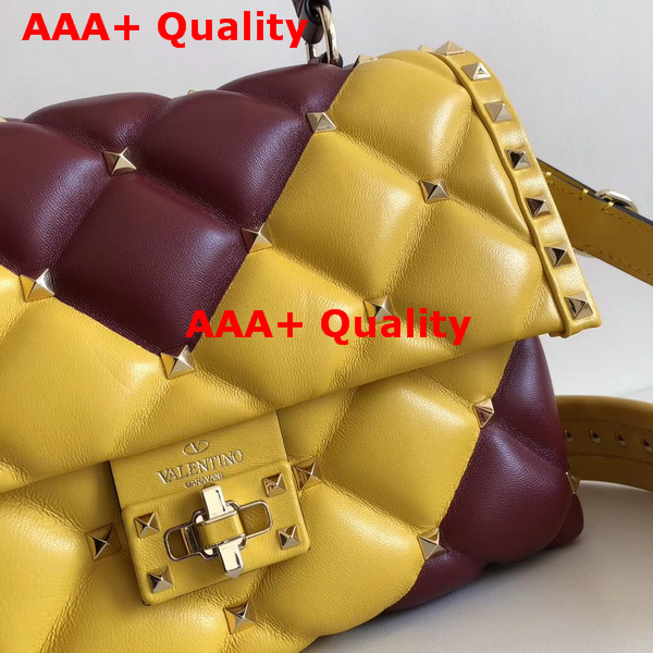 Valentino Garavani Candystud Top Handle Bag in Yellow and Burgundy Soft Lambskin Leather Replica