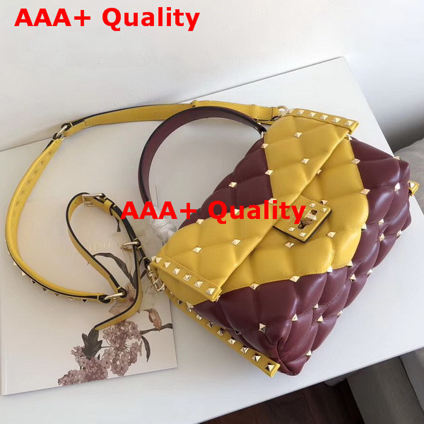 Valentino Garavani Candystud Top Handle Bag in Yellow and Burgundy Soft Lambskin Leather Replica