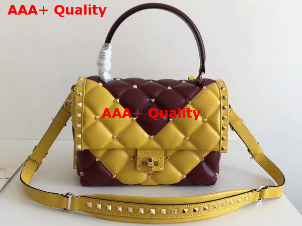 Valentino Garavani Candystud Top Handle Bag in Yellow and Burgundy Soft Lambskin Leather Replica