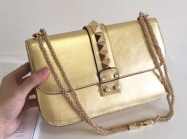 Valentino Garavani Chain Cross Body Bag in Gold Metallic Lambskin Leather For Sale