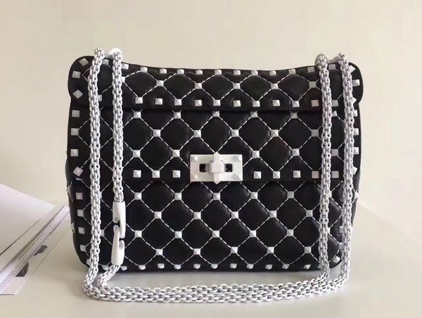 Valentino Garavani Medium Rockstud Spike Chain Bag Black Soft Lambskin with White Hardwares For Sale