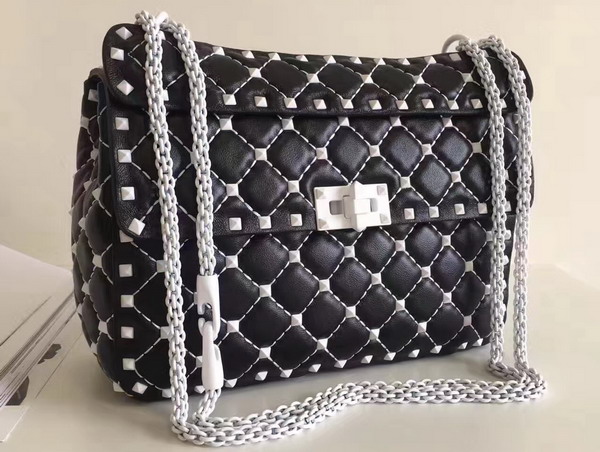 Valentino Garavani Medium Rockstud Spike Chain Bag Black Soft Lambskin with White Hardwares For Sale