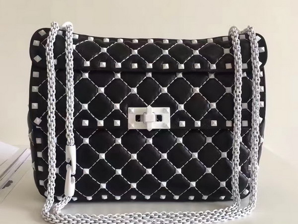 Valentino Garavani Medium Rockstud Spike Chain Bag Black Soft Lambskin with White Hardwares For Sale