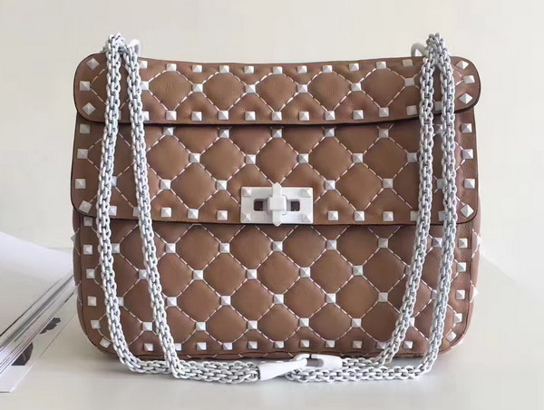 Valentino Garavani Medium Rockstud Spike Chain Bag Nude Soft Lambskin with White Hardwares For Sale