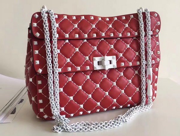 Valentino Garavani Medium Rockstud Spike Chain Bag Red Soft Lambskin with White Hardwares For Sale