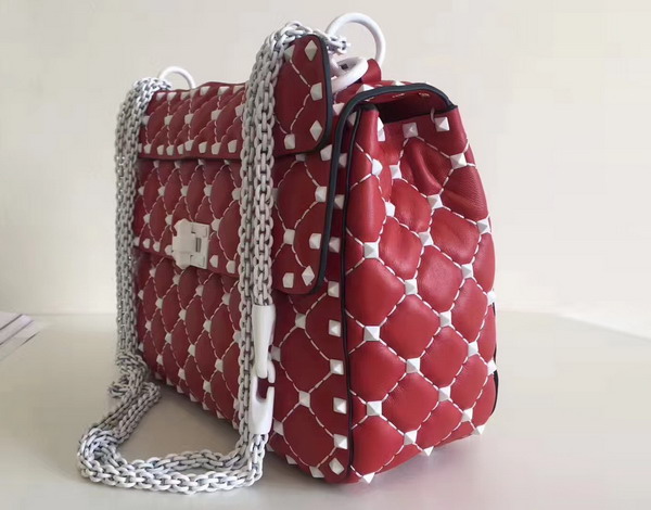 Valentino Garavani Medium Rockstud Spike Chain Bag Red Soft Lambskin with White Hardwares For Sale