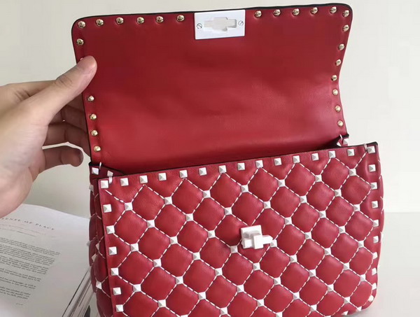 Valentino Garavani Medium Rockstud Spike Chain Bag Red Soft Lambskin with White Hardwares For Sale