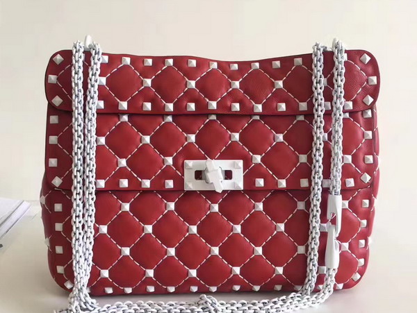 Valentino Garavani Medium Rockstud Spike Chain Bag Red Soft Lambskin with White Hardwares For Sale