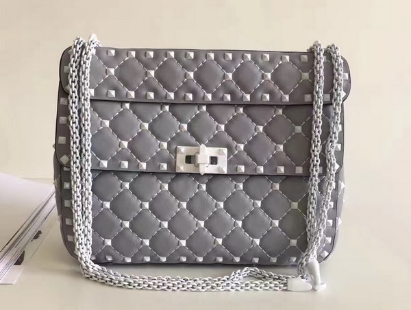 Valentino Garavani Medium Rockstud Spike Chain Bag in Light Grey Soft Lambskin with White Hardwares For Sale