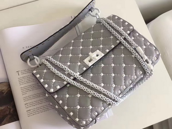 Valentino Garavani Medium Rockstud Spike Chain Bag in Light Grey Soft Lambskin with White Hardwares For Sale