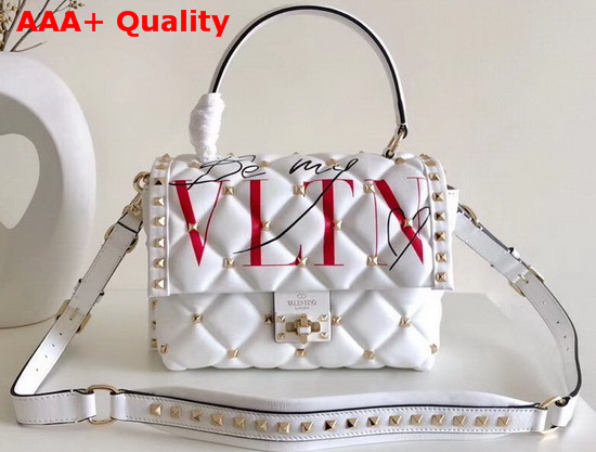 Valentino Garavani Medium VLTN Candystud Top Handle Bag in White with Red VLTN Print Replica