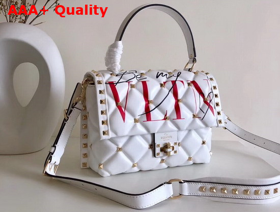 Valentino Garavani Medium VLTN Candystud Top Handle Bag in White with Red VLTN Print Replica