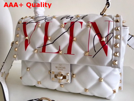 Valentino Garavani Medium VLTN Candystud Top Handle Bag in White with Red VLTN Print Replica