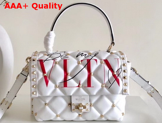 Valentino Garavani Medium VLTN Candystud Top Handle Bag in White with Red VLTN Print Replica