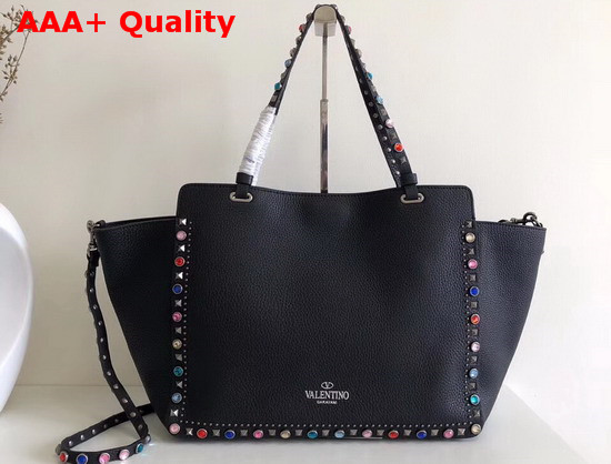 Valentino Garavani Multicolor Rockstud Medium Tote in Black Stampa Alce Textured Calfskin Replica