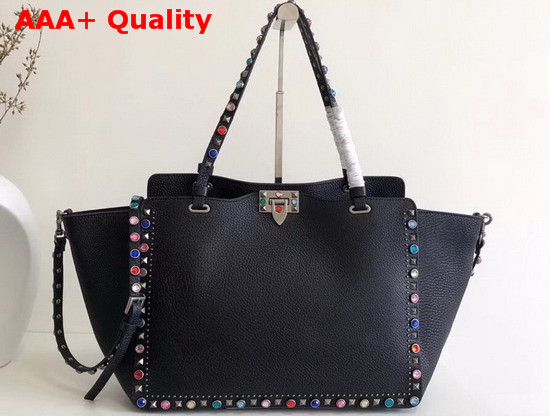 Valentino Garavani Multicolor Rockstud Medium Tote in Black Stampa Alce Textured Calfskin Replica