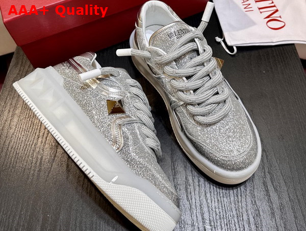 Valentino Garavani One Stud XL Low Top Sneaker in Silver Suede Leather with Strass Replica