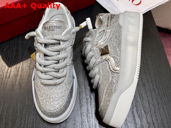 Valentino Garavani One Stud XL Low Top Sneaker in Silver Suede Leather with Strass Replica