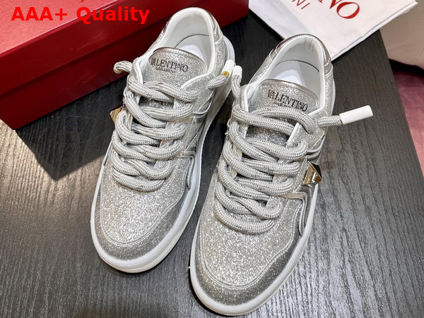 Valentino Garavani One Stud XL Low Top Sneaker in Silver Suede Leather with Strass Replica