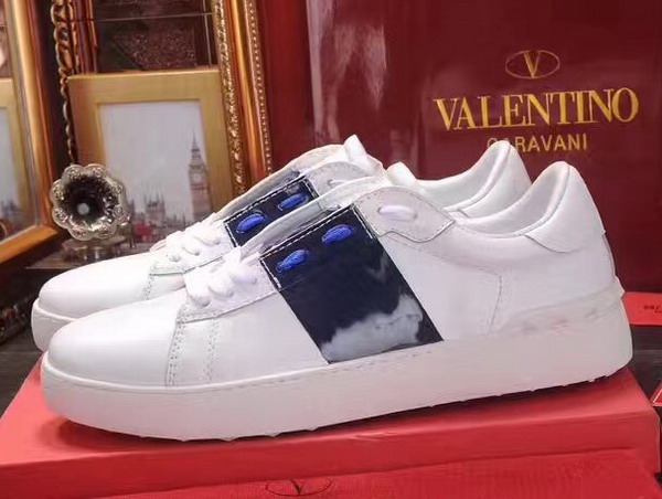 Valentino Garavani Open Sneaker in White Calfskin Leather with Blue Contrast Color Band For Sale