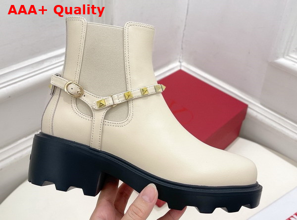 Valentino Garavani Rockstud Calfskin Beatle Boot in Ivory Replica