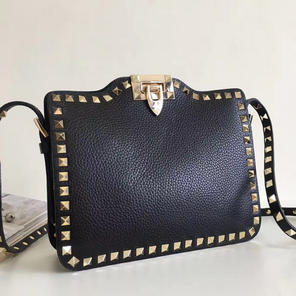 Valentino Garavani Rockstud Cross Body Bag in Black Stampa Alce Calfskin Gold Studs and Metal Hardwares For Sale