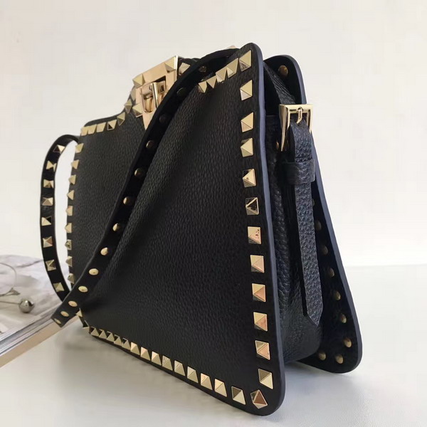 Valentino Garavani Rockstud Cross Body Bag in Black Stampa Alce Calfskin Gold Studs and Metal Hardwares For Sale