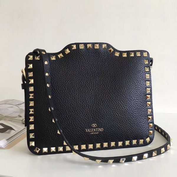 Valentino Garavani Rockstud Cross Body Bag in Black Stampa Alce Calfskin Gold Studs and Metal Hardwares For Sale