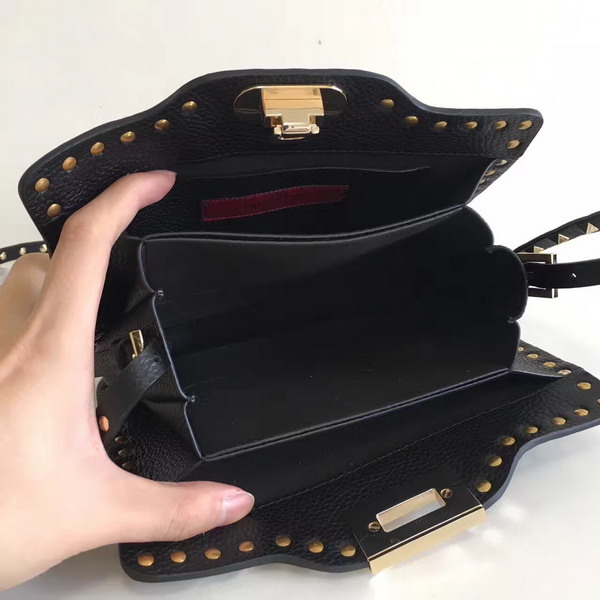 Valentino Garavani Rockstud Cross Body Bag in Black Stampa Alce Calfskin Gold Studs and Metal Hardwares For Sale