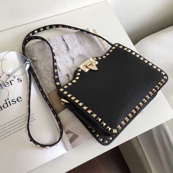 Valentino Garavani Rockstud Cross Body Bag in Black Stampa Alce Calfskin Gold Studs and Metal Hardwares For Sale