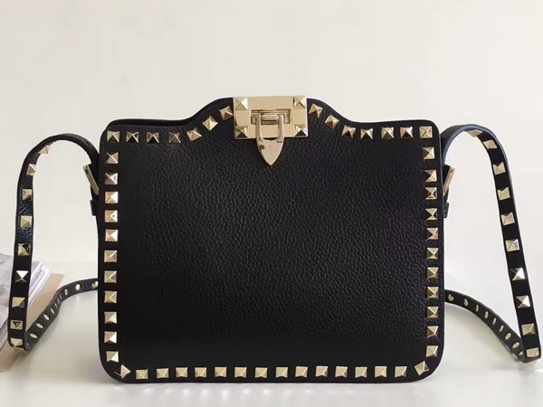 Valentino Garavani Rockstud Cross Body Bag in Black Stampa Alce Calfskin Gold Studs and Metal Hardwares For Sale