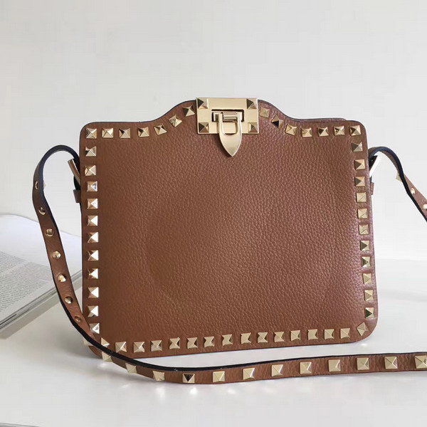 Valentino Garavani Rockstud Cross Body Bag in Brown Stampa Alce Calfskin Gold Studs and Metal Hardwares For Sale