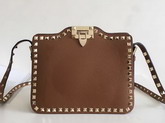 Valentino Garavani Rockstud Cross Body Bag in Brown Stampa Alce Calfskin Gold Studs and Metal Hardwares For Sale