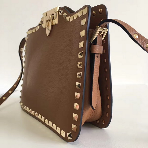 Valentino Garavani Rockstud Cross Body Bag in Brown Stampa Alce Calfskin Gold Studs and Metal Hardwares For Sale