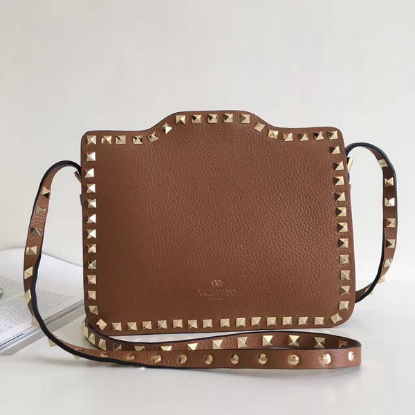 Valentino Garavani Rockstud Cross Body Bag in Brown Stampa Alce Calfskin Gold Studs and Metal Hardwares For Sale