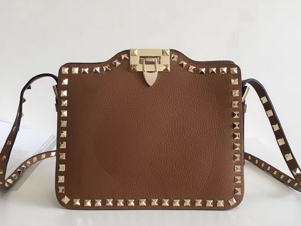 Valentino Garavani Rockstud Cross Body Bag in Brown Stampa Alce Calfskin Gold Studs and Metal Hardwares For Sale